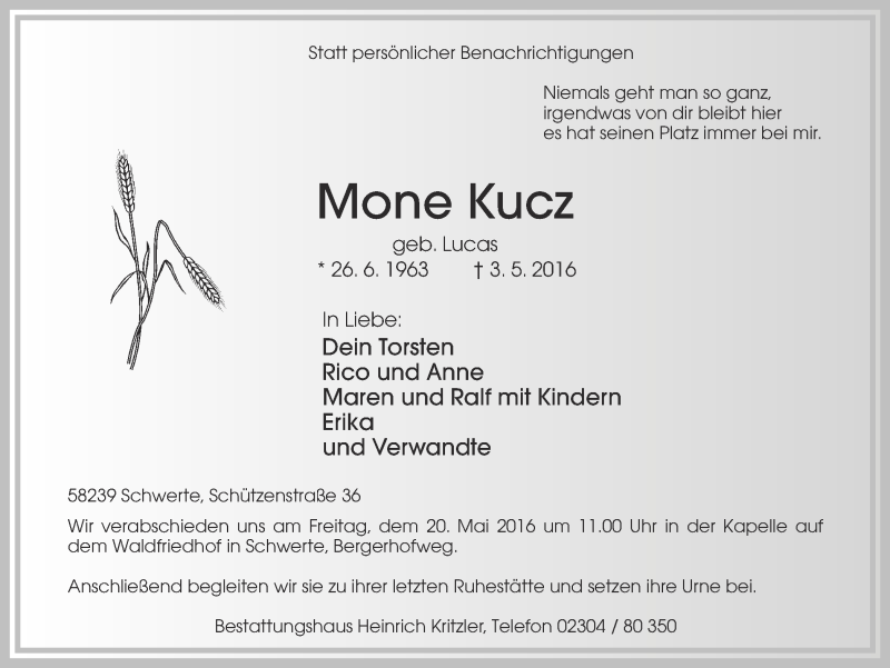  Traueranzeige für Mone Kucz vom 14.05.2016 aus Ruhr Nachrichten