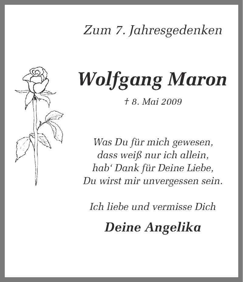  Traueranzeige für Wolfgang Maron vom 09.05.2016 aus Ruhr Nachrichten