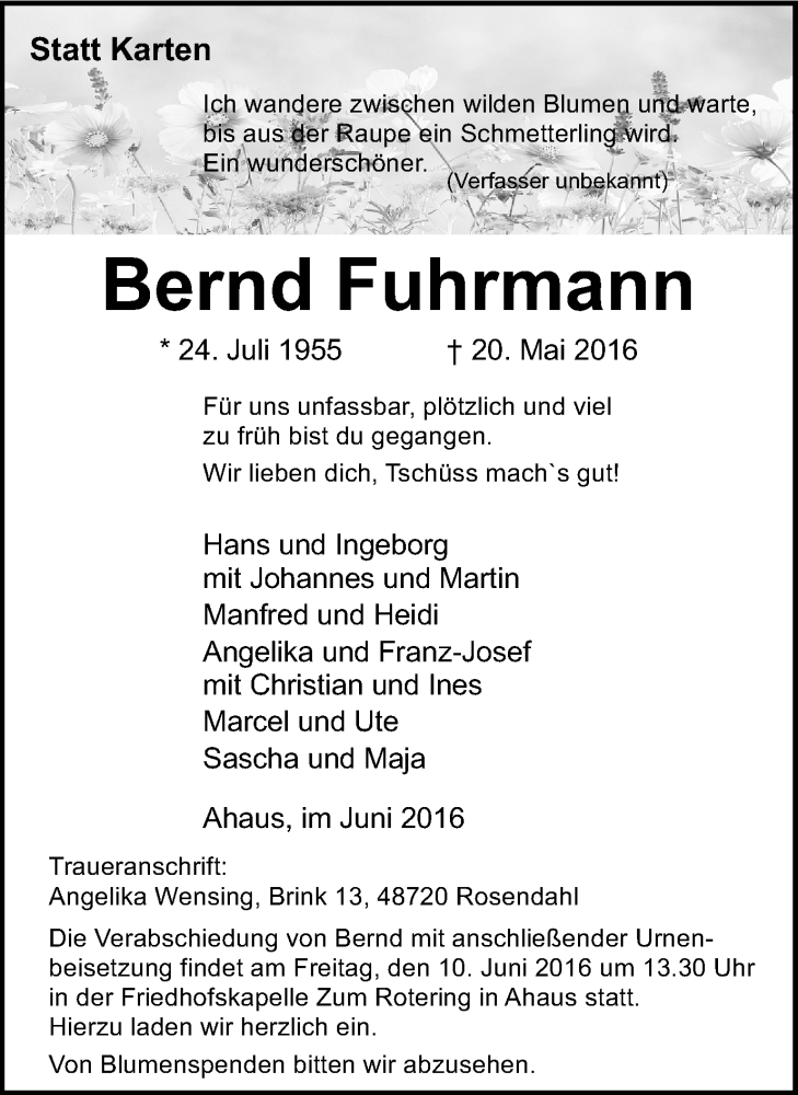  Traueranzeige für Bernd Fuhrmann vom 06.06.2016 aus Münstersche Zeitung und Münsterland Zeitung