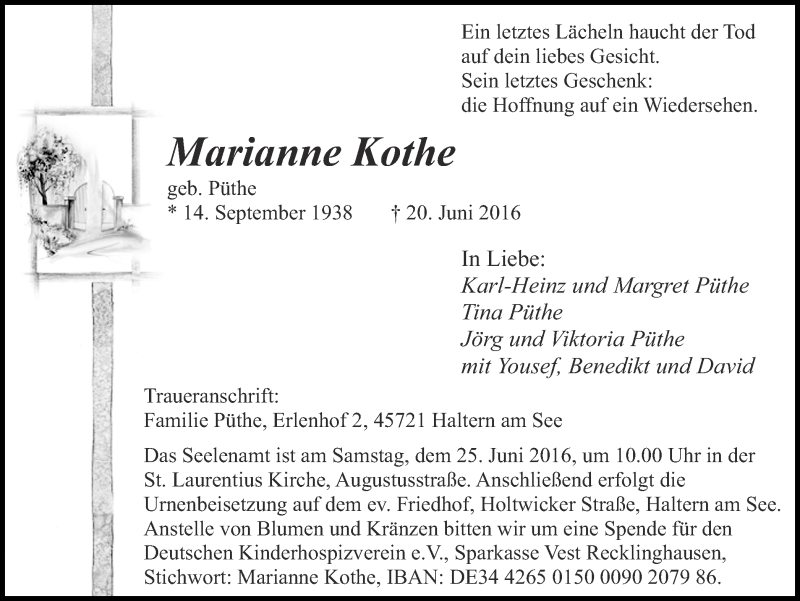  Traueranzeige für Marianne Kothe vom 22.06.2016 aus Ruhr Nachrichten und Halterner Zeitung