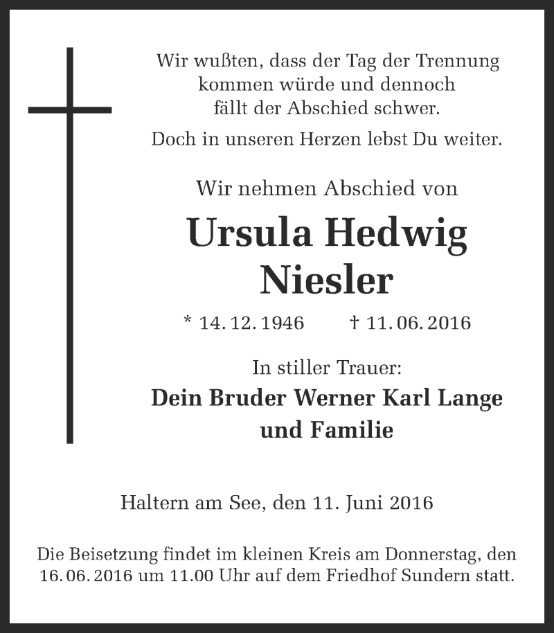  Traueranzeige für Ursula Hedwig  Niesler vom 15.06.2016 aus Ruhr Nachrichten und Halterner Zeitung