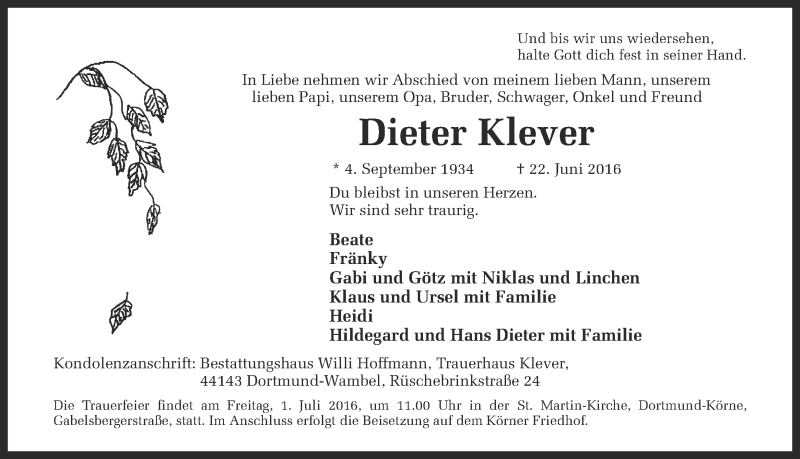  Traueranzeige für Dieter Klever vom 25.06.2016 aus Ruhr Nachrichten