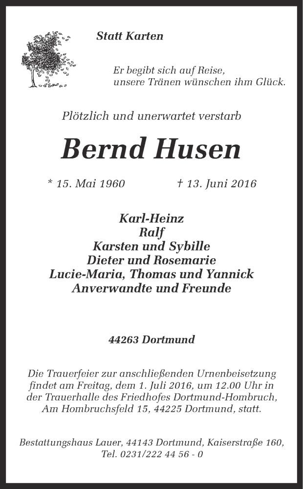  Traueranzeige für Bernd Husen vom 25.06.2016 aus Ruhr Nachrichten