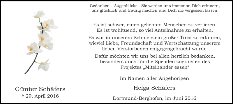  Traueranzeige für Günter Schäfers vom 11.06.2016 aus Ruhr Nachrichten
