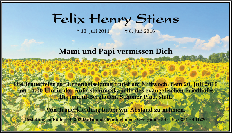  Traueranzeige für Felix Henry Stiens vom 16.07.2016 aus Ruhr Nachrichten