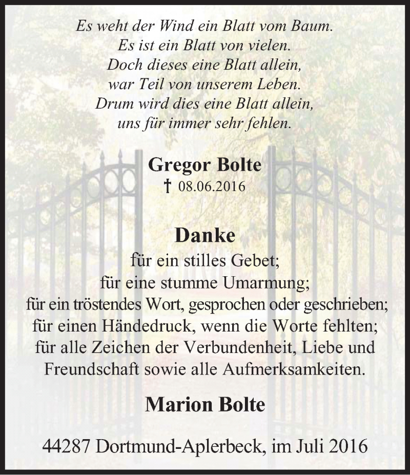  Traueranzeige für Gregor Bolte vom 23.07.2016 aus Ruhr Nachrichten