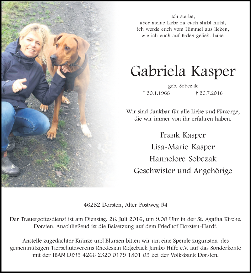  Traueranzeige für Gabriela Kasper vom 23.07.2016 aus Ruhr Nachrichten und Dorstener Zeitung