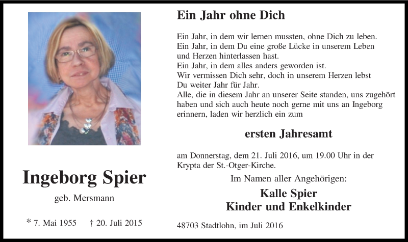  Traueranzeige für Ingeborg Spier vom 18.07.2016 aus Münstersche Zeitung und Münsterland Zeitung