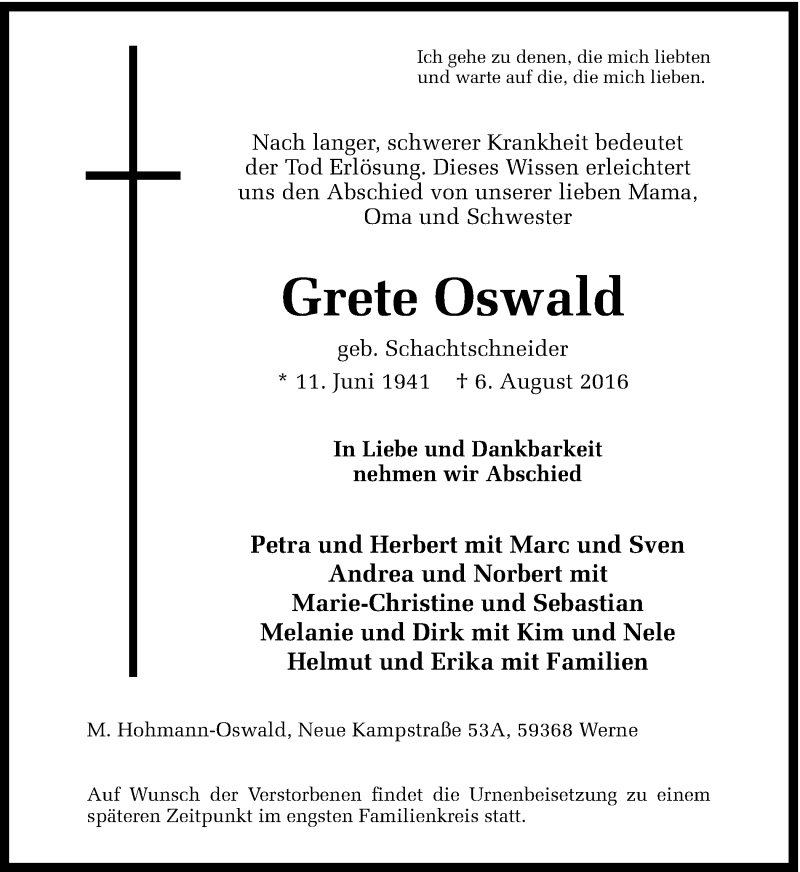  Traueranzeige für Grete Oswald vom 10.08.2016 aus Ruhr Nachrichten