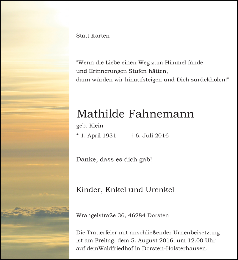  Traueranzeige für Mathilde Fahnemann vom 02.08.2016 aus Ruhr Nachrichten und Dorstener Zeitung