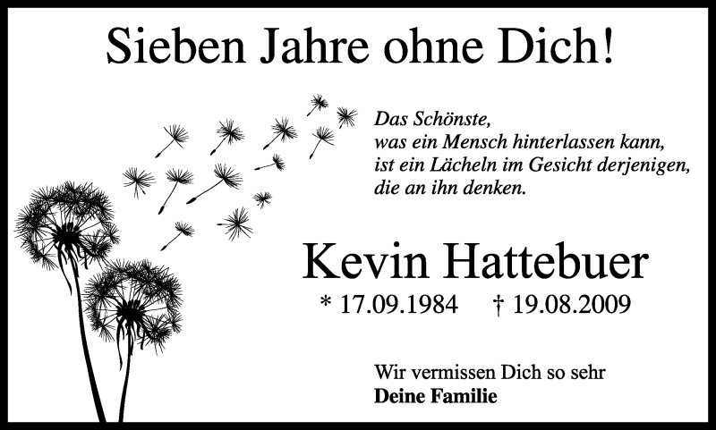  Traueranzeige für Kevin Hattebuer vom 19.08.2016 aus Ruhr Nachrichten
