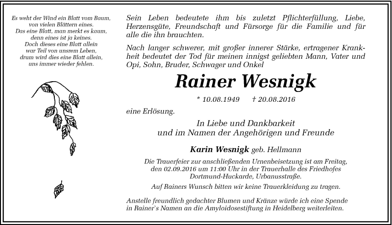 Traueranzeige für Rainer Wesnigk vom 30.08.2016 aus Ruhr Nachrichten