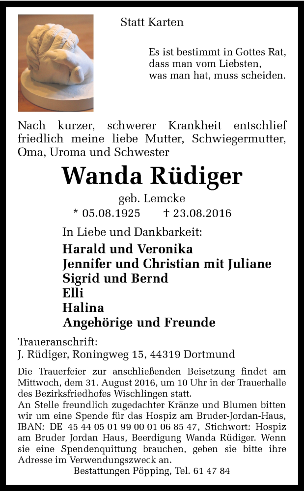  Traueranzeige für Wanda Rüdiger vom 27.08.2016 aus Ruhr Nachrichten
