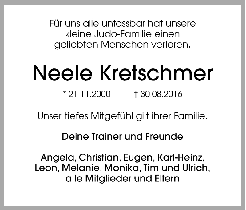  Traueranzeige für Neele Kretschmer vom 03.09.2016 aus Ruhr Nachrichten und Dorstener Zeitung