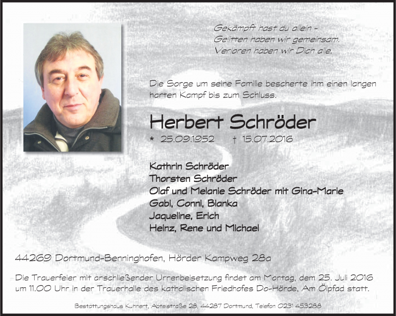  Traueranzeige für Herbert Schröder vom 21.07.2016 aus Ruhr Nachrichten