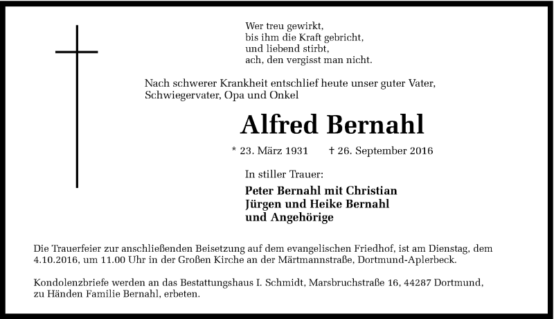  Traueranzeige für Alfred Bernahl vom 29.09.2016 aus Ruhr Nachrichten
