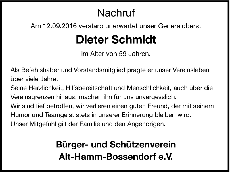  Traueranzeige für Dieter Schmidt vom 22.09.2016 aus Ruhr Nachrichten und Halterner Zeitung