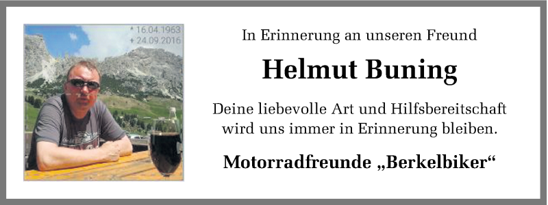  Traueranzeige für Helmut Buning vom 28.09.2016 aus Münstersche Zeitung und Münsterland Zeitung
