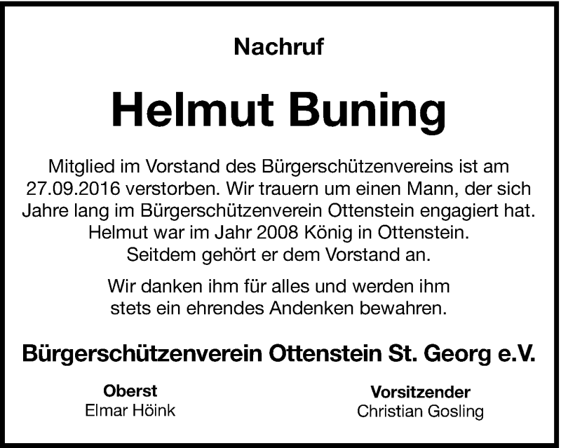  Traueranzeige für Helmut Buning vom 30.09.2016 aus Münstersche Zeitung und Münsterland Zeitung