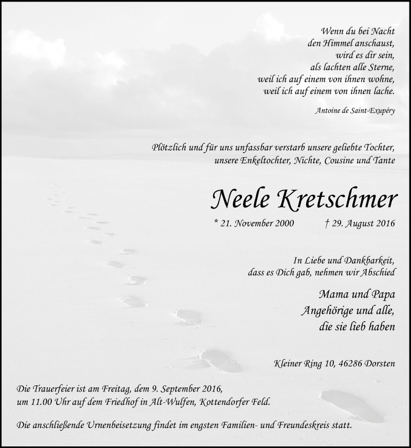  Traueranzeige für Neele Kretschmer vom 03.09.2016 aus Ruhr Nachrichten und Dorstener Zeitung