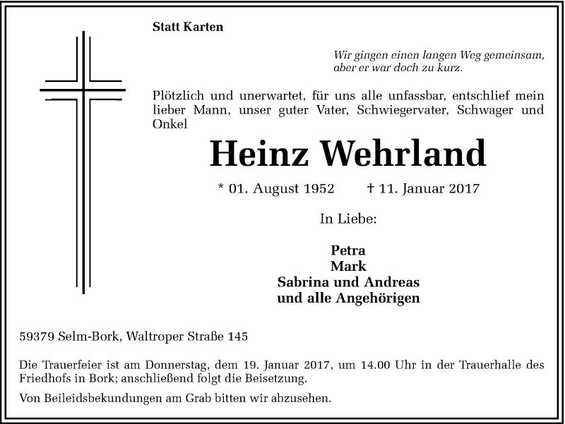  Traueranzeige für Heinz Wehrland vom 16.01.2017 aus Ruhr Nachrichten