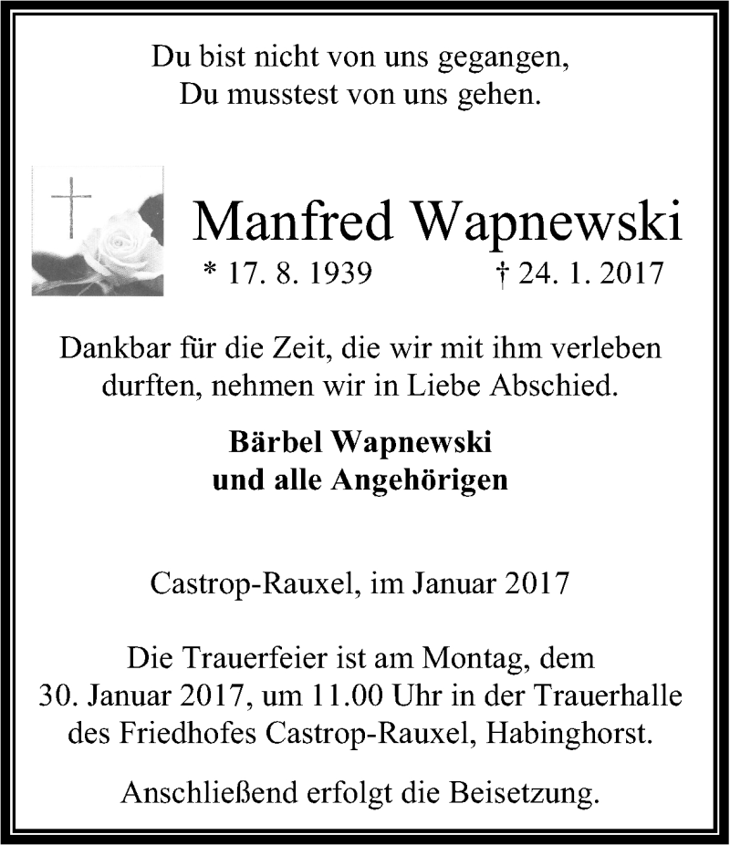  Traueranzeige für Manfred Wapnewski vom 28.01.2017 aus Ruhr Nachrichten