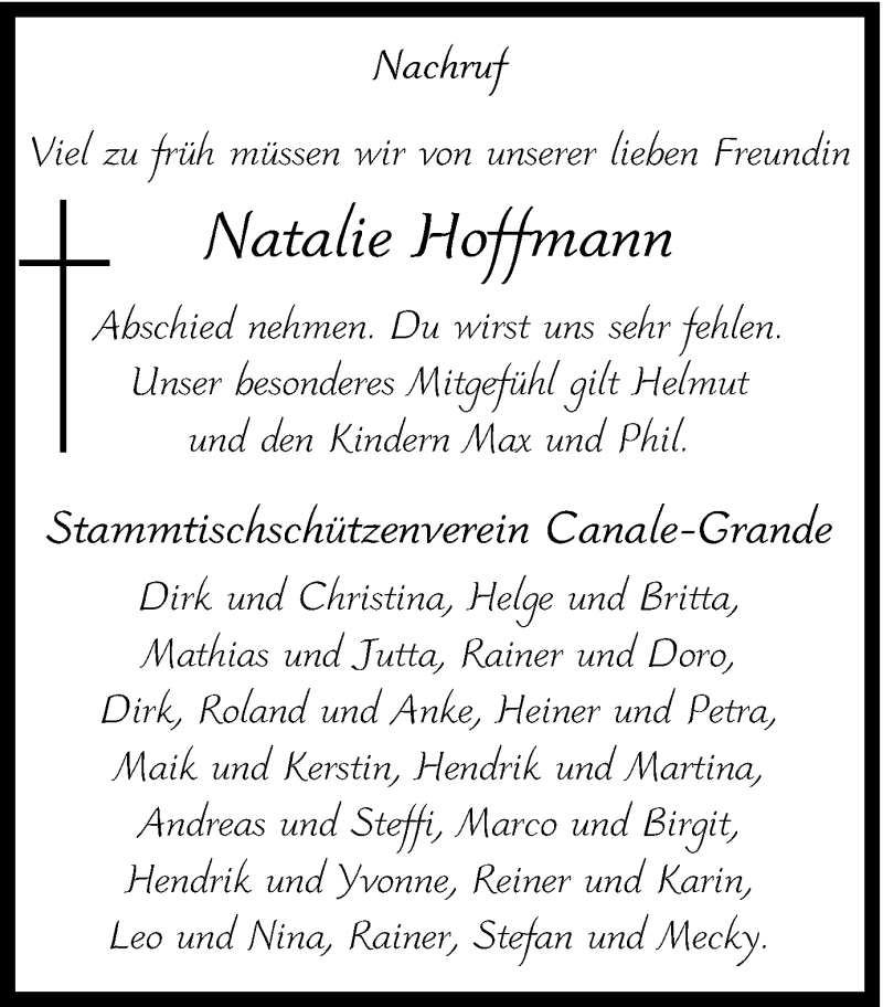  Traueranzeige für Natalie Hoffmann vom 07.01.2017 aus Münstersche Zeitung und Münsterland Zeitung