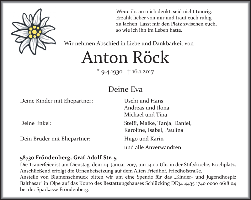  Traueranzeige für Anton Röck vom 19.01.2017 aus Ruhr Nachrichten