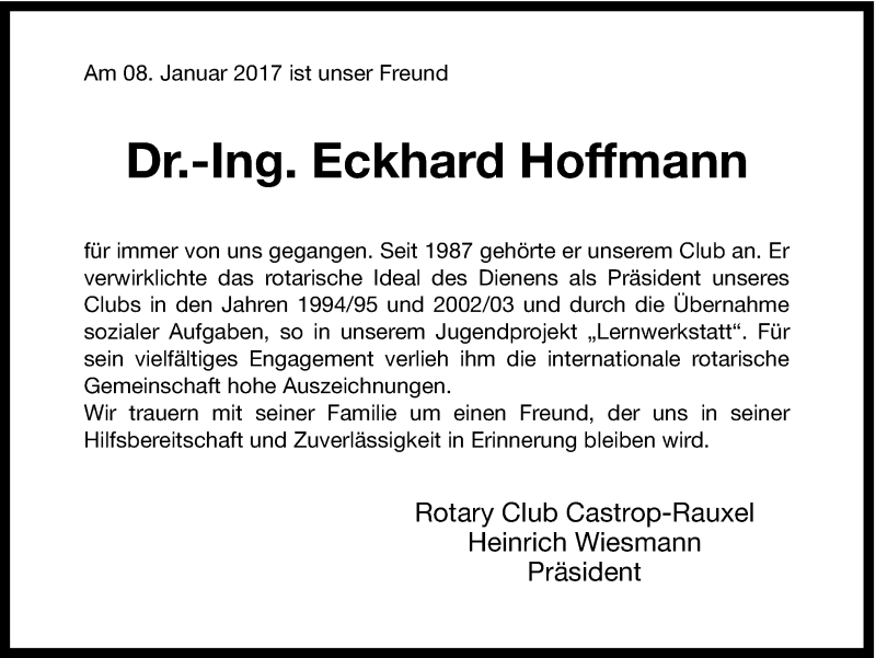  Traueranzeige für Eckhard Hoffmann vom 11.01.2017 aus Ruhr Nachrichten