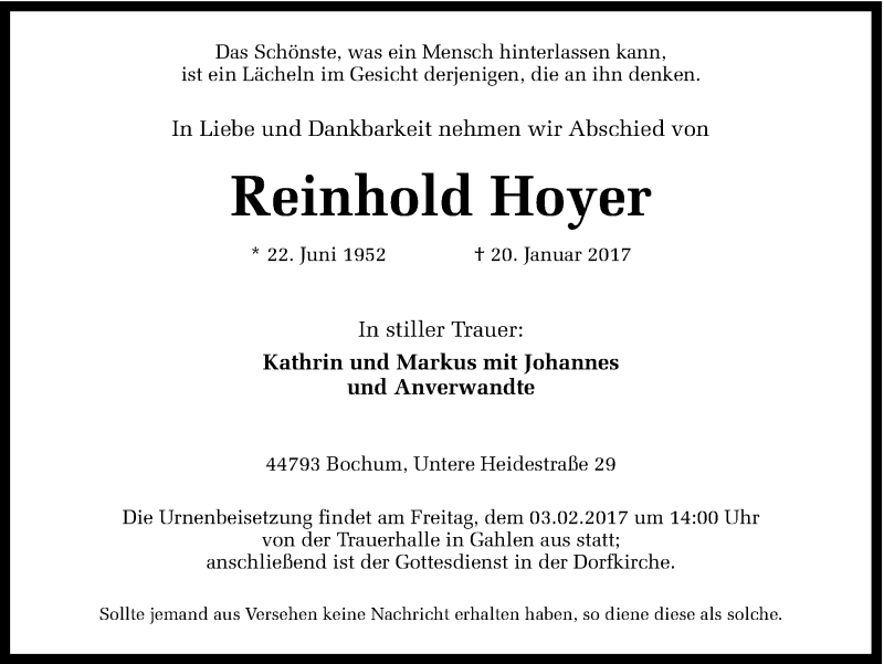  Traueranzeige für Reinhold Hoyer vom 26.01.2017 aus Ruhr Nachrichten und Dorstener Zeitung