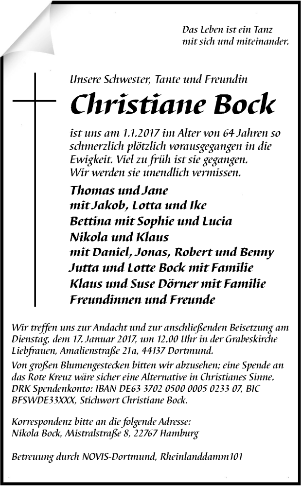  Traueranzeige für Christiane Bock vom 07.01.2017 aus Ruhr Nachrichten