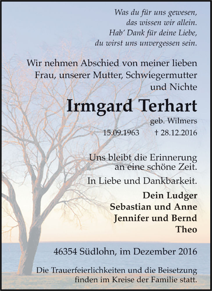  Traueranzeige für Irmgard Terhart vom 03.01.2017 aus Münstersche Zeitung und Münsterland Zeitung