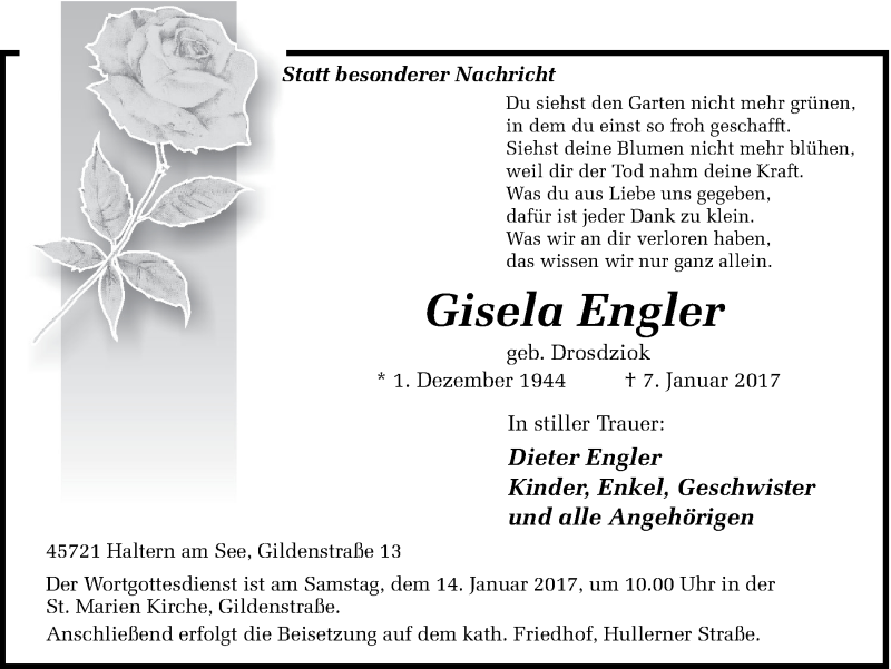  Traueranzeige für Gisela Engler vom 10.01.2017 aus Ruhr Nachrichten und Halterner Zeitung