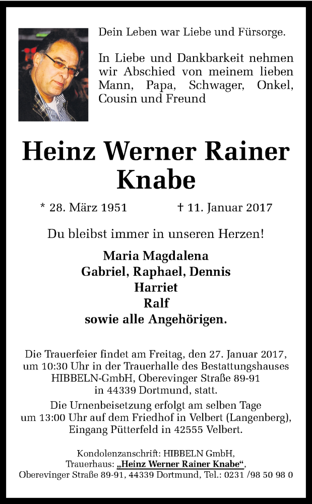  Traueranzeige für Heinz Werner Rainer Knabe vom 18.01.2017 aus Ruhr Nachrichten
