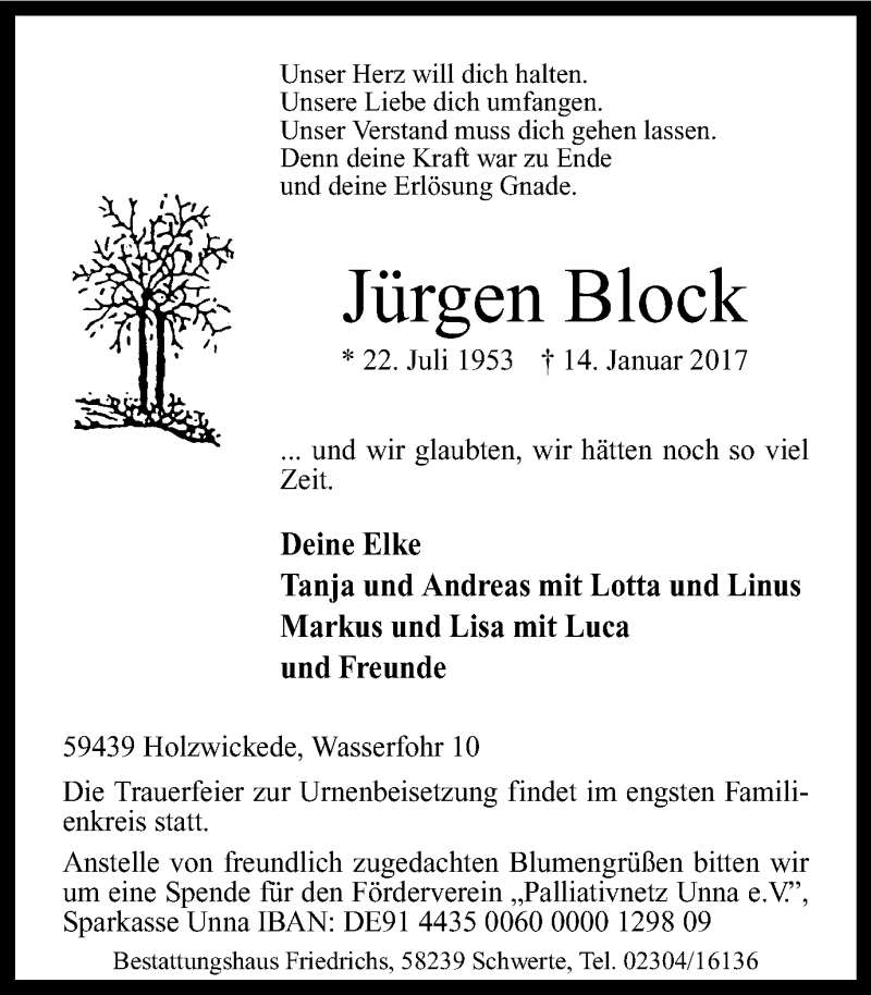  Traueranzeige für Jürgen Block vom 21.01.2017 aus Ruhr Nachrichten