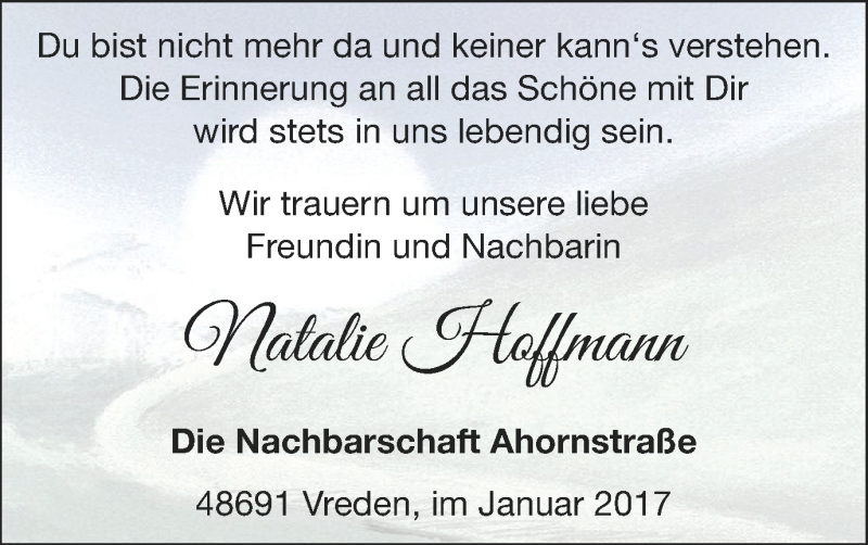  Traueranzeige für Natalie Hoffmann vom 05.01.2017 aus Münstersche Zeitung und Münsterland Zeitung