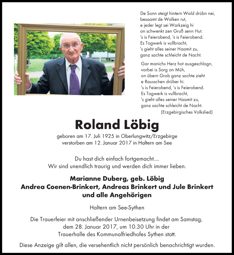  Traueranzeige für Roland Löbig vom 21.01.2017 aus Ruhr Nachrichten und Halterner Zeitung