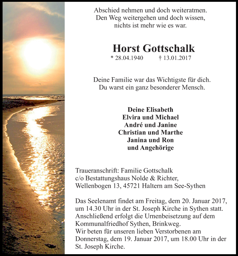  Traueranzeige für Horst Gottschalk vom 16.01.2017 aus Ruhr Nachrichten und Halterner Zeitung