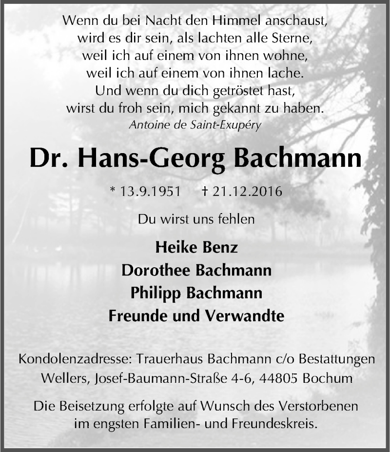  Traueranzeige für Hans-Georg Bachmann vom 07.01.2017 aus Ruhr Nachrichten