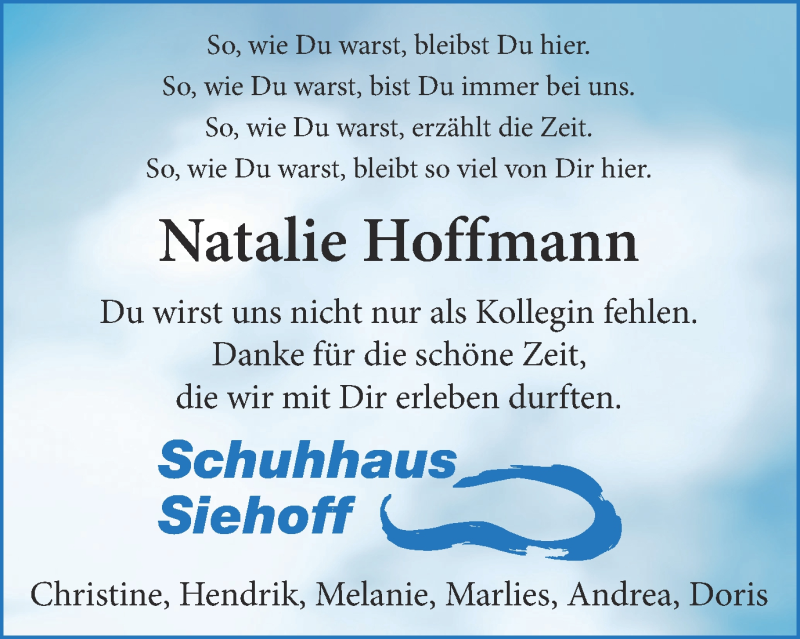  Traueranzeige für Natalie Hoffmann vom 06.01.2017 aus Münstersche Zeitung und Münsterland Zeitung