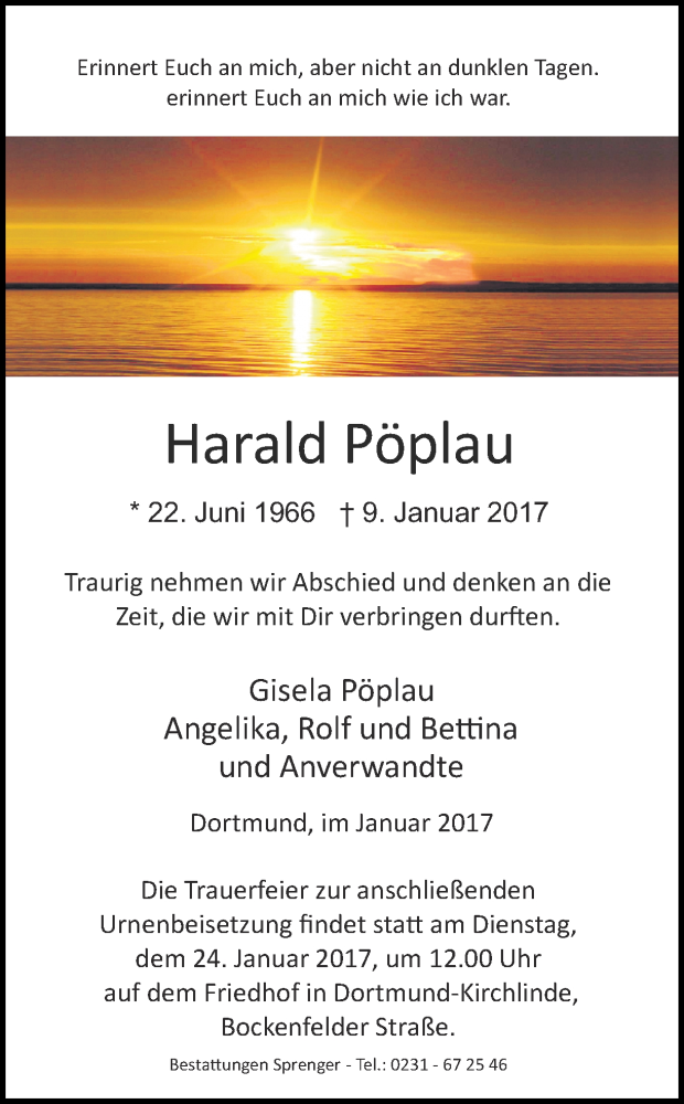  Traueranzeige für Harald Pöplau vom 21.01.2017 aus Ruhr Nachrichten