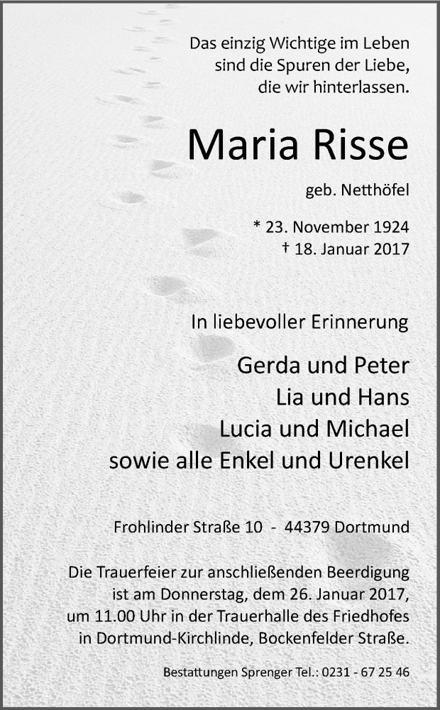  Traueranzeige für Maria Risse vom 21.01.2017 aus Ruhr Nachrichten