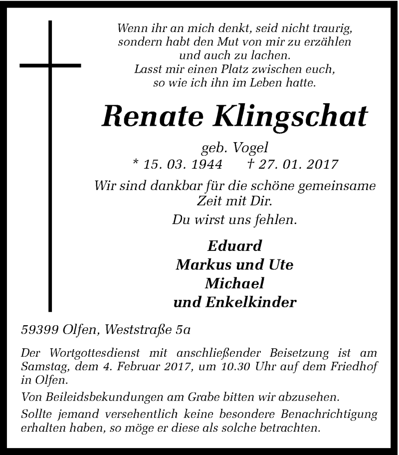  Traueranzeige für Renate Klingschat vom 31.01.2017 aus Ruhr Nachrichten
