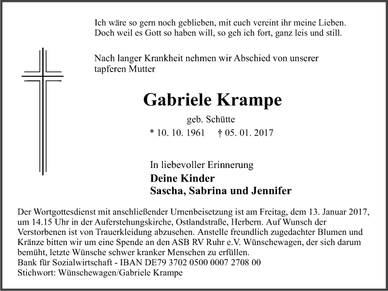  Traueranzeige für Gabriele Krampe vom 10.01.2017 aus Ruhr Nachrichten