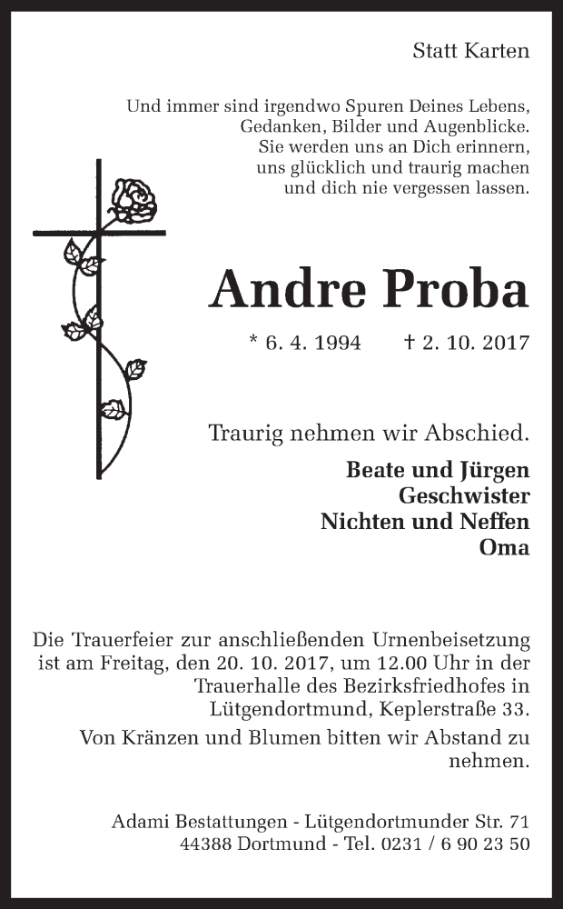  Traueranzeige für Andre Proba vom 13.10.2017 aus Ruhr Nachrichten