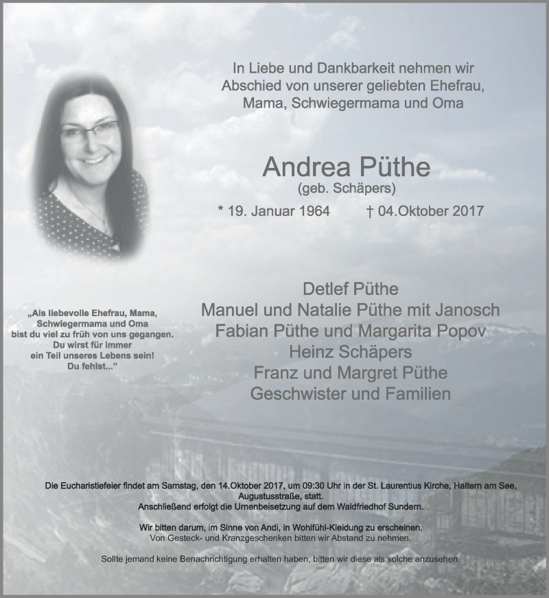  Traueranzeige für Andrea Püthe vom 10.10.2017 aus Ruhr Nachrichten und Halterner Zeitung