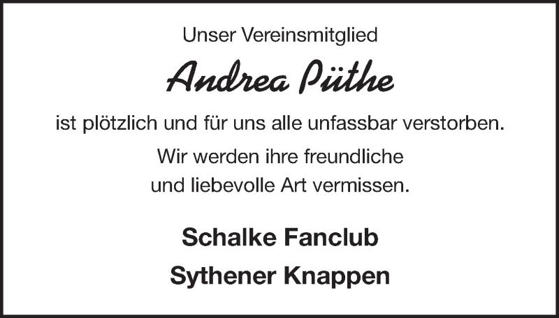  Traueranzeige für Andrea Püthe vom 12.10.2017 aus Ruhr Nachrichten und Halterner Zeitung