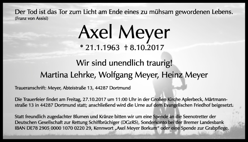  Traueranzeige für Axel Meyer vom 21.10.2017 aus Ruhr Nachrichten