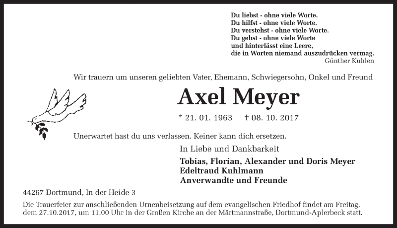  Traueranzeige für Axel Meyer vom 21.10.2017 aus Ruhr Nachrichten