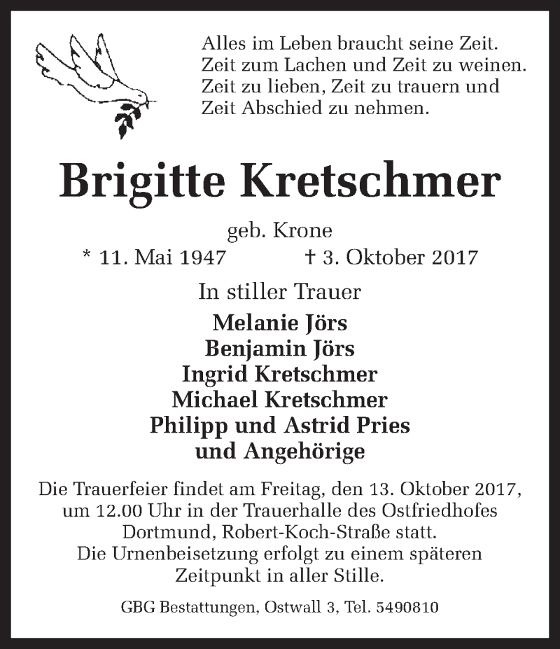  Traueranzeige für Brigitte Kretschmer vom 11.10.2017 aus Ruhr Nachrichten